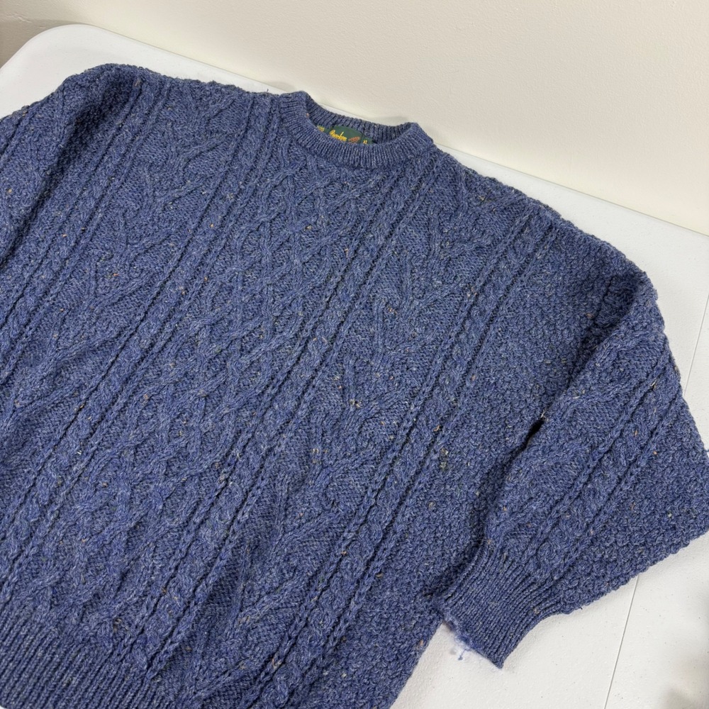 Bracken Countrywear Mens XL Blue Donegal Tweed Pure New Wool Cable Knit Sweater